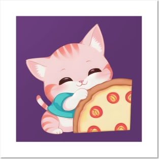 Cute Cat Holding a Slice of Pizza Posters and Art